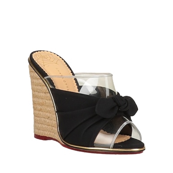 Charlotte Olympia Heels Black & Vinyl Open Toe Espadrilles Mules 35 5 4.5 Sandal